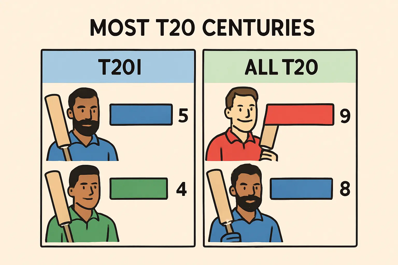 Most T20 Centuries: T20I vs All T20 (Live Updated)